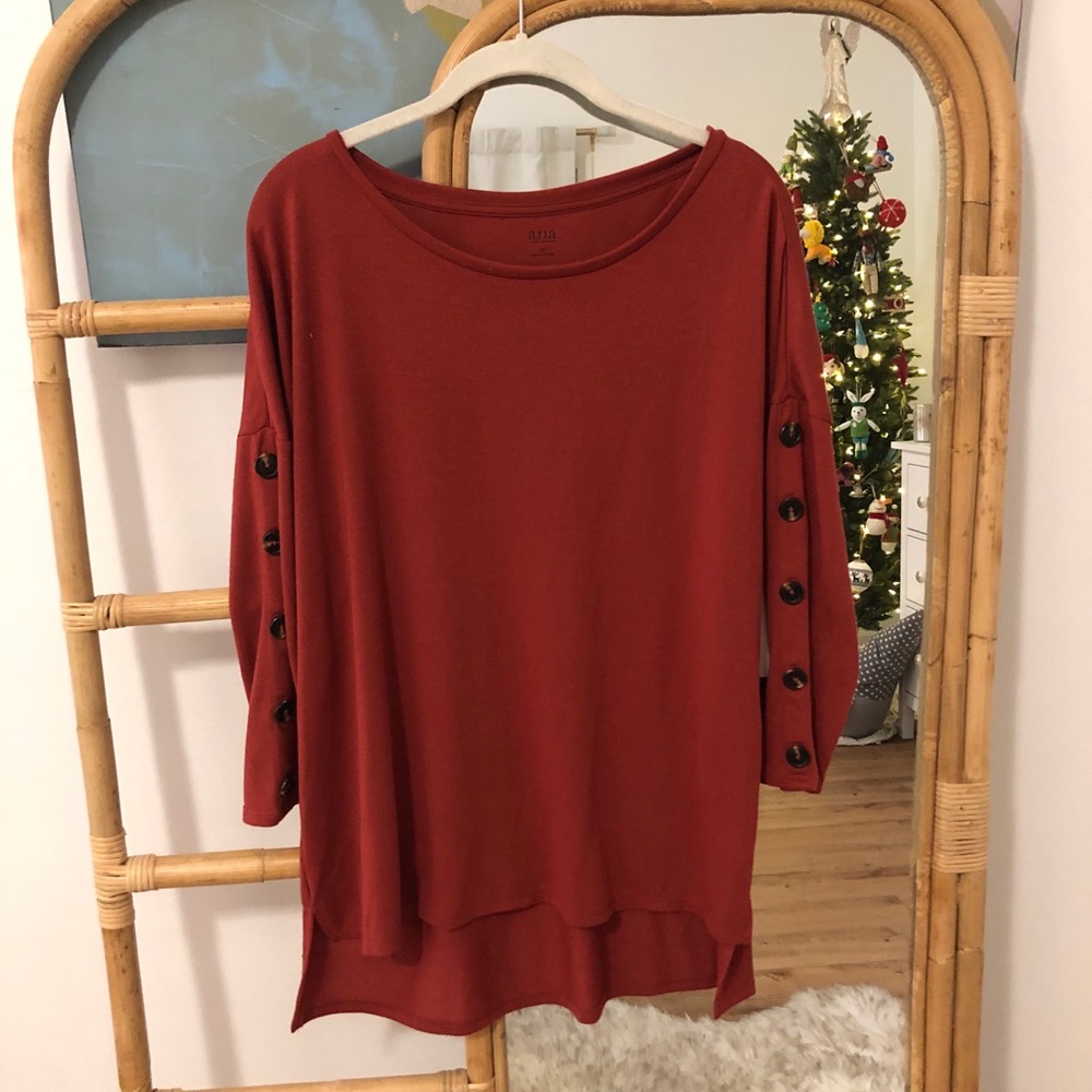 A.N.A Burnt Orange Top with Button Sleeves. NWT